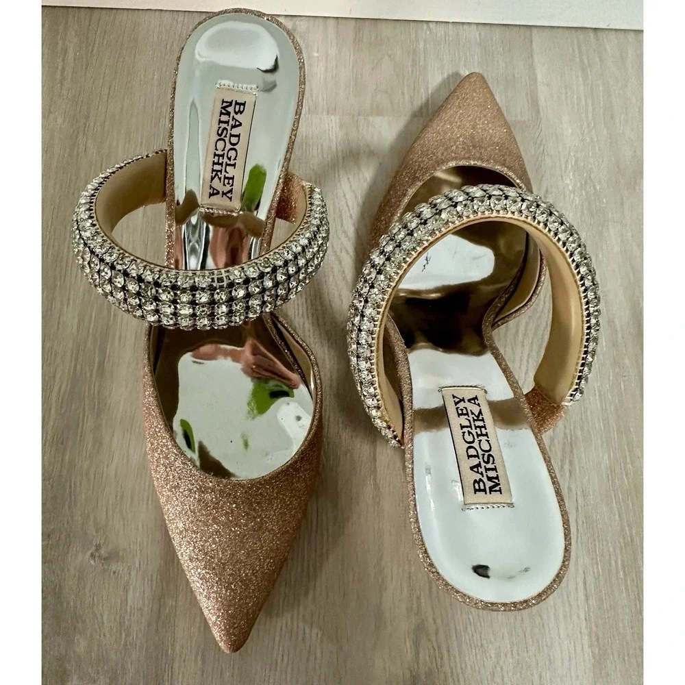 Badgley Mischka Nori Mules Women 8 Rose Gold Excellent Crystal Glitter Heels